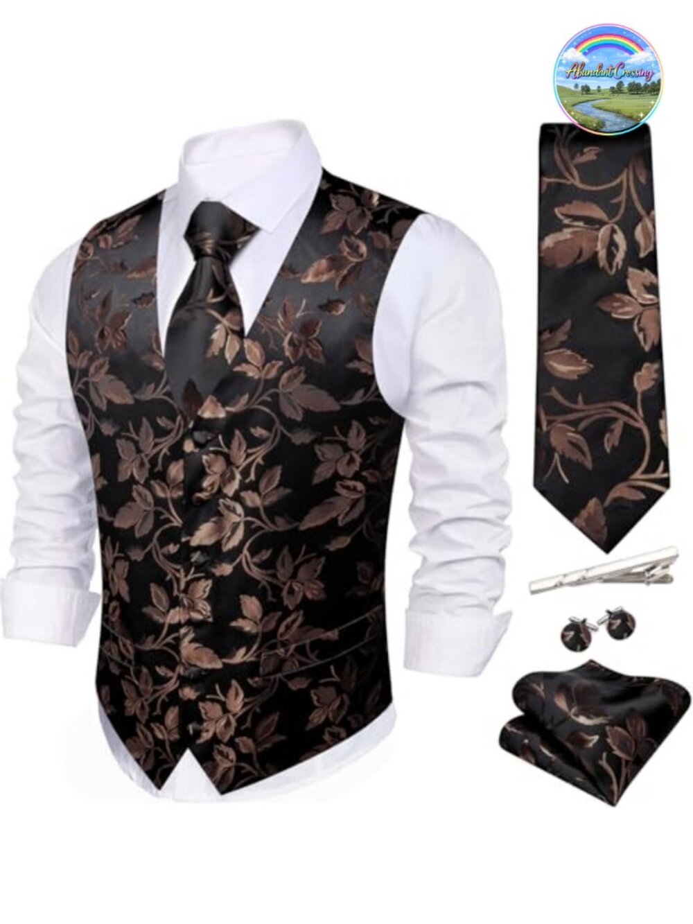 Men's Formal Floral Jacquard Silk Vest Tie Set 5 Piece Waistcoat Suit